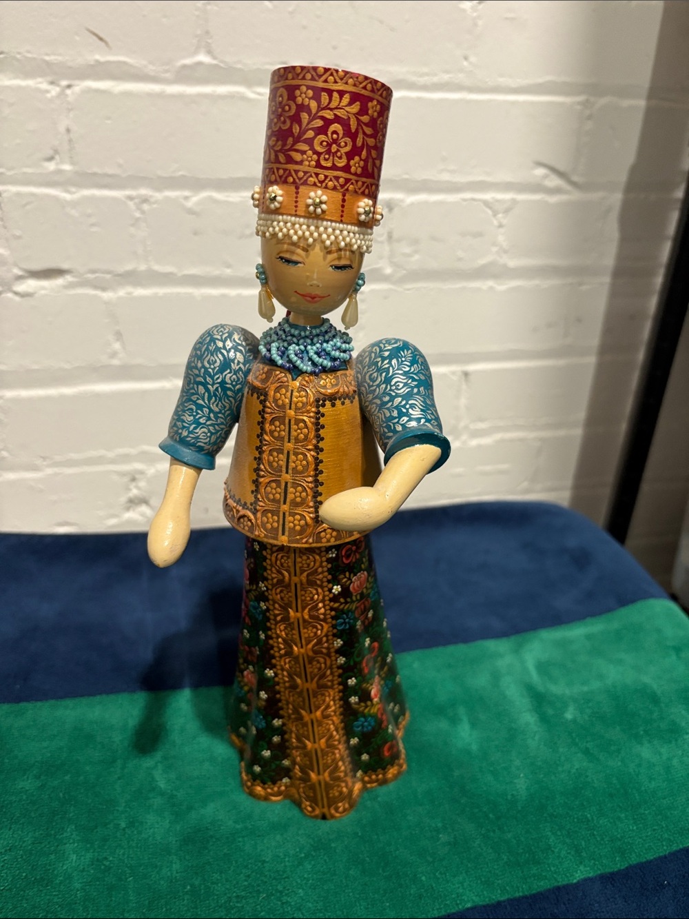 Decorative Hand-Painted Wood Figurine in Blue, Gold and Green